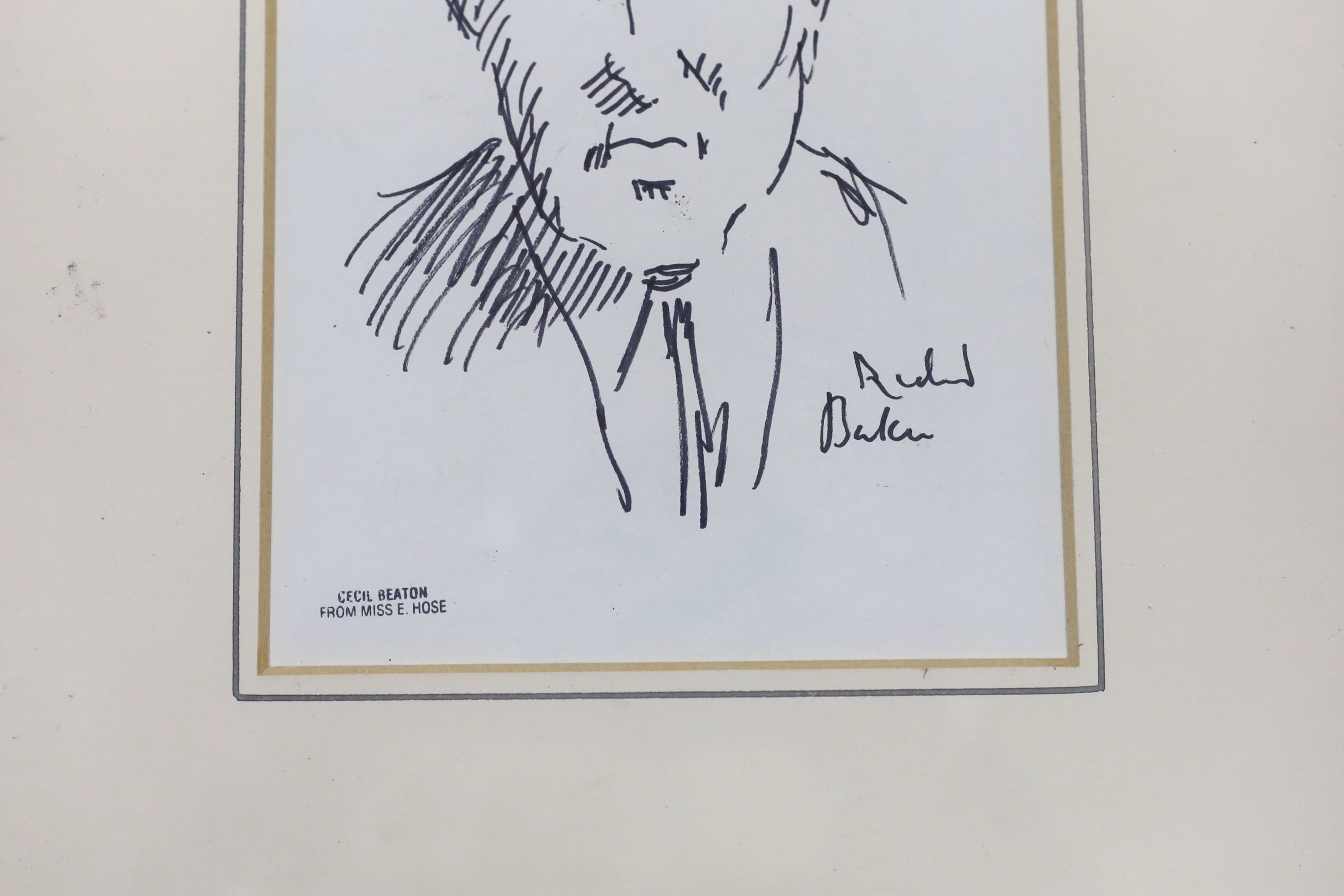 Cecil Beaton (1904-1980), pen and ink sketch, Portrait of newsreader Richard Baker, inscribed, with ‘Cecil Beaton from Miss E Hose’ stamp and pencil sketches verso, 19 x 12cm